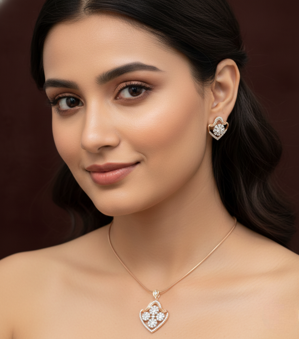 Rose Gold Floral Heart Pendant & Earrings Set