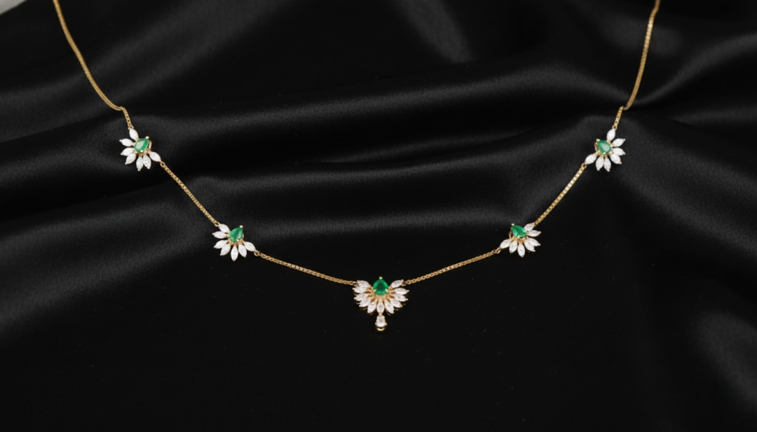 Emerald & Marquise Diamond Sunburst Station Necklace