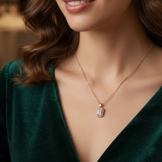 Rose Gold Emerald-Cut Halo Necklace