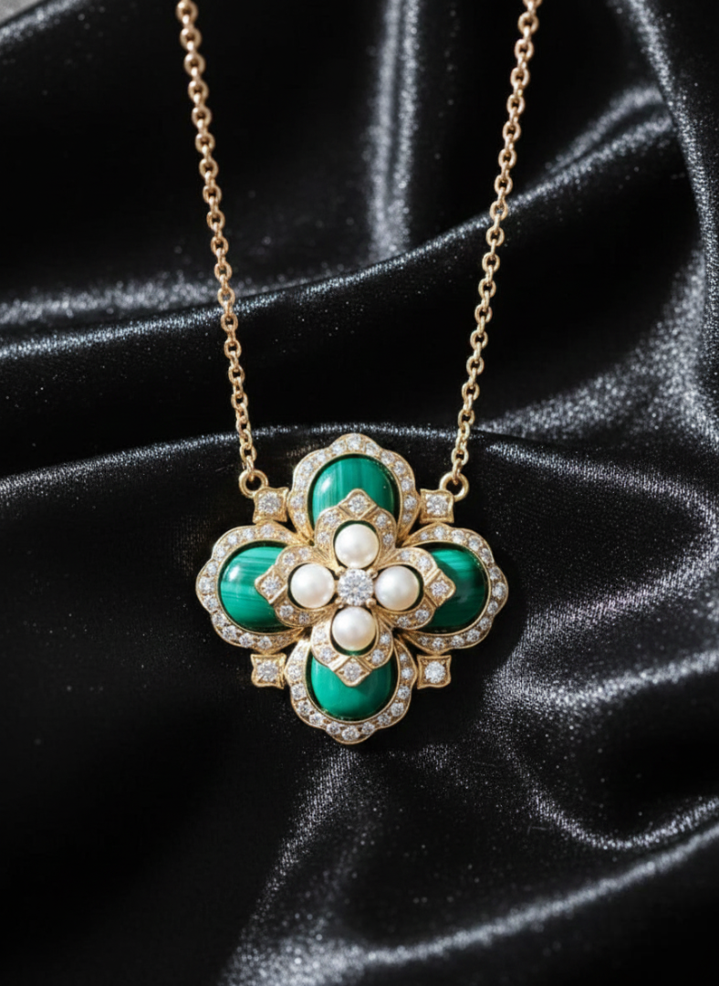 Emerald & Pearl Quatrefoil Statement Necklace
