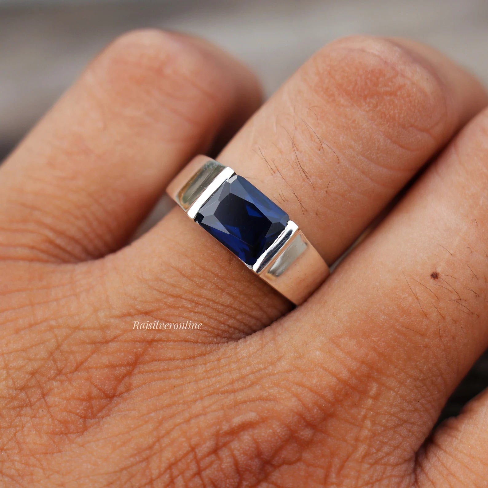 Menβs Deep Blue Sapphire Emerald Cut Ring