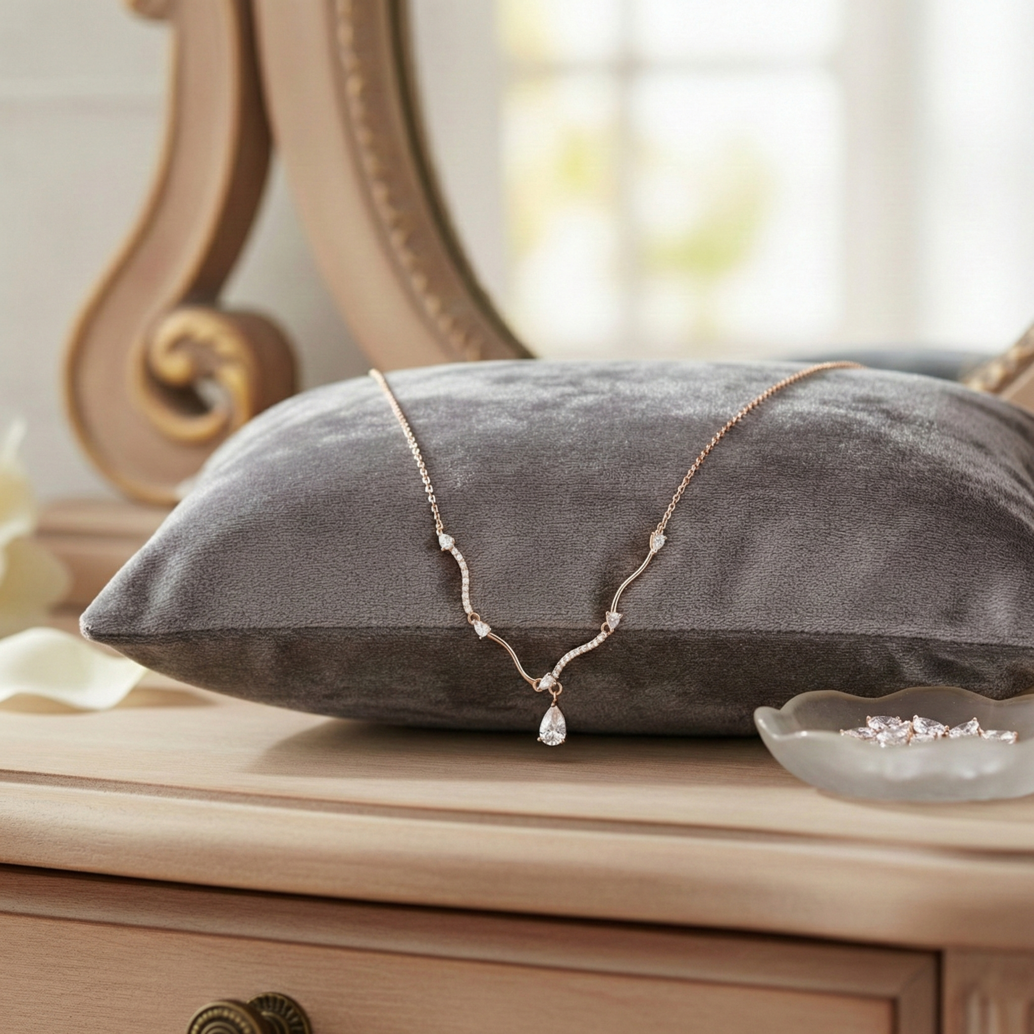 Rose Gold Pear-Drop Ribbon Necklace