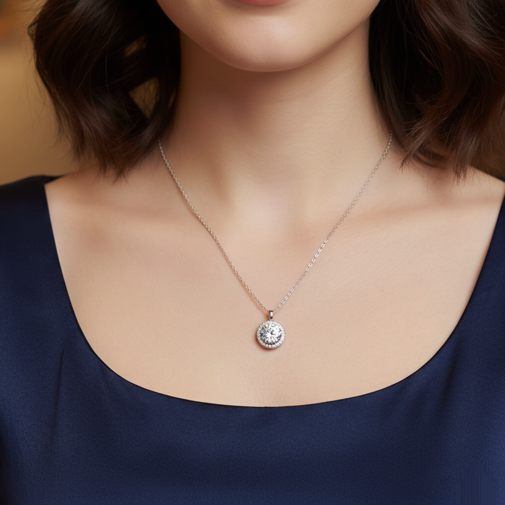 Silver Solitaire Halo Necklace
