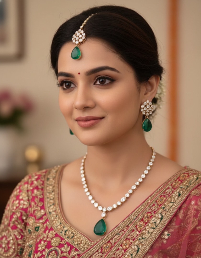 Verdant Bloom Emerald & Polki Maang Tikka Set