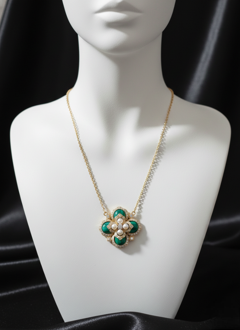 Emerald & Pearl Quatrefoil Statement Necklace