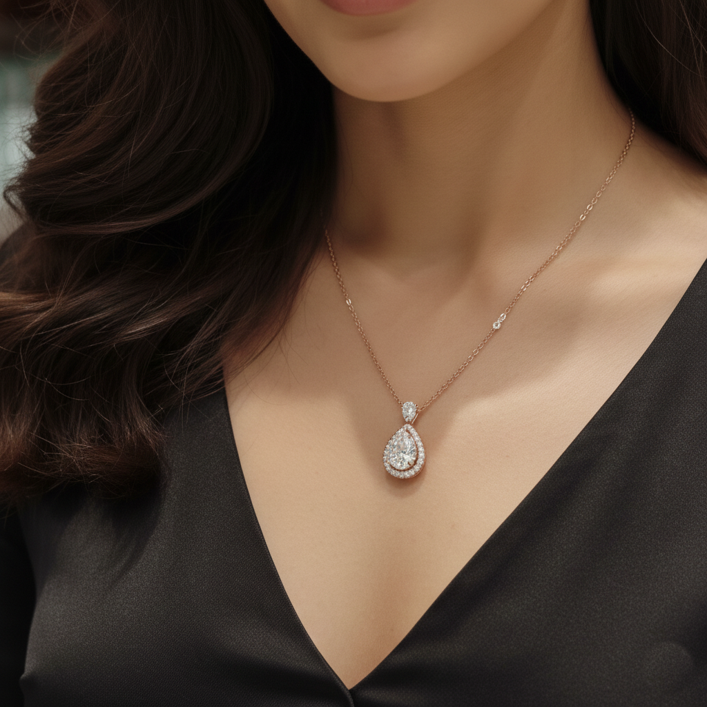 Rose Gold Pear Cut Halo Necklace