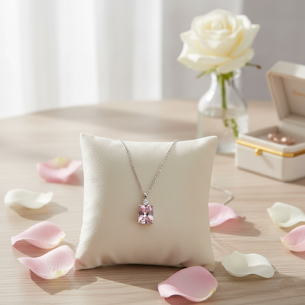 Silver Pink Emerald-Cut Necklace