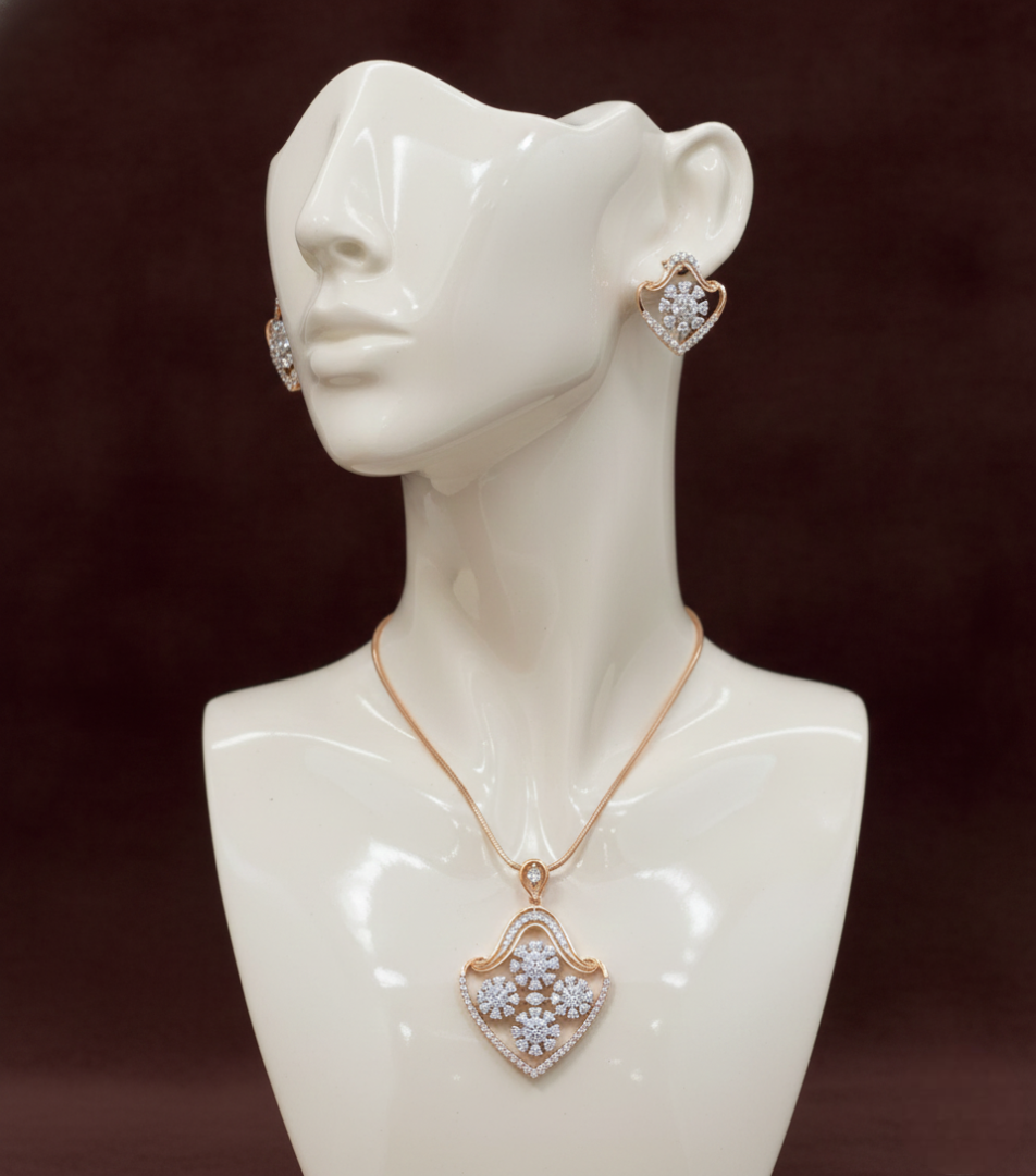 Rose Gold Floral Heart Pendant & Earrings Set