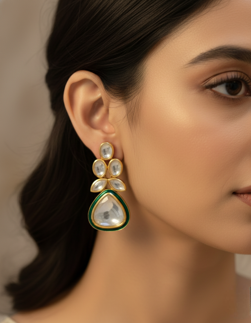 Emerald Teardrop Polki Drop Earrings