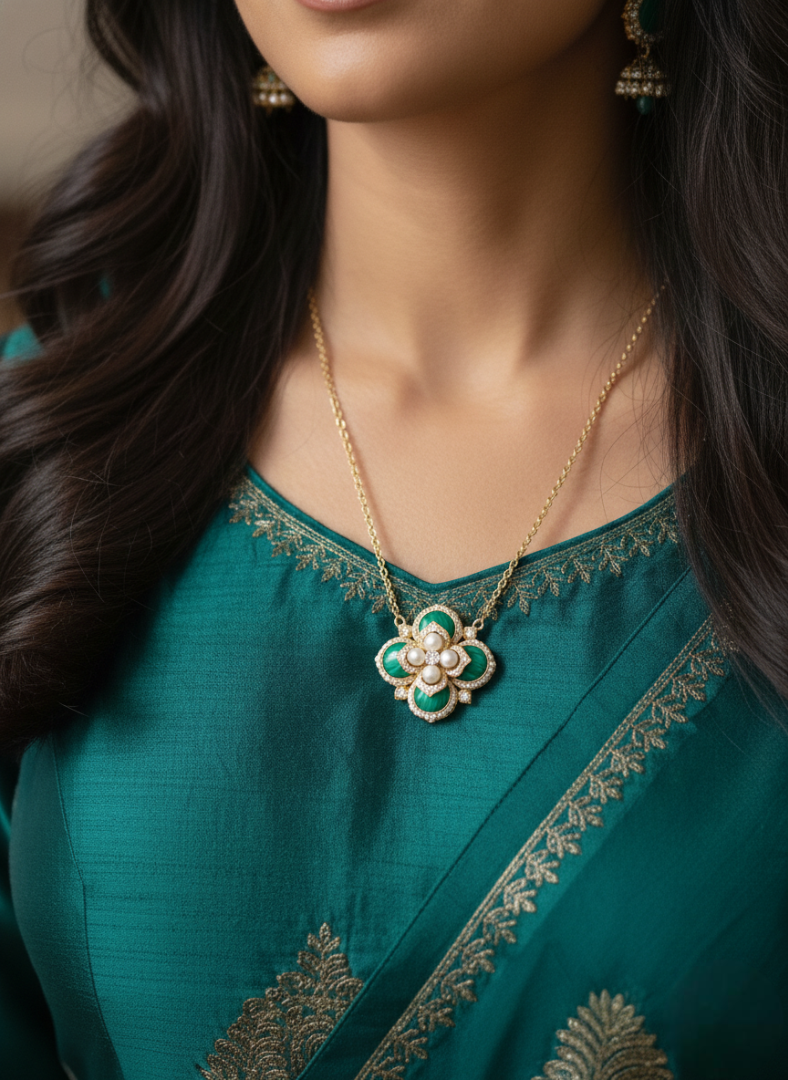 Emerald & Pearl Quatrefoil Statement Necklace