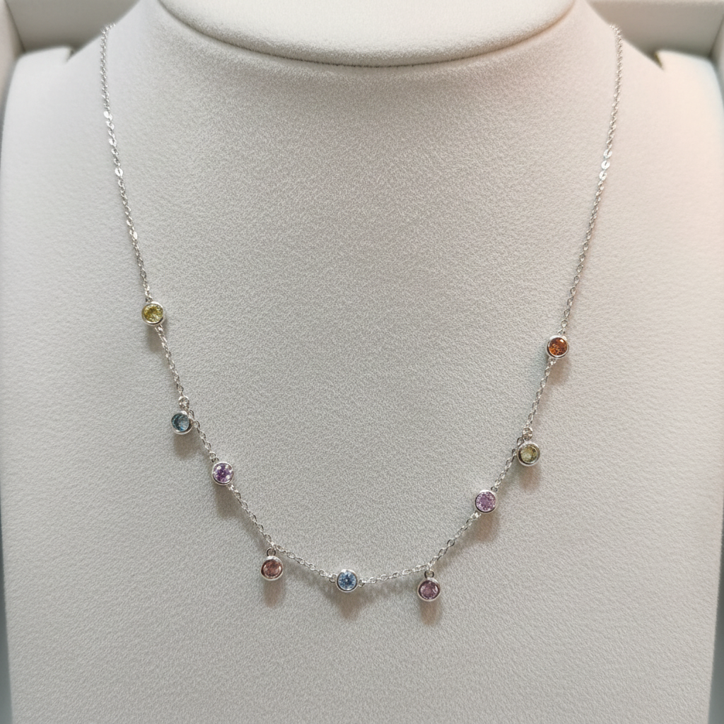 Silver Multicolor Pastel Gemstone Necklace