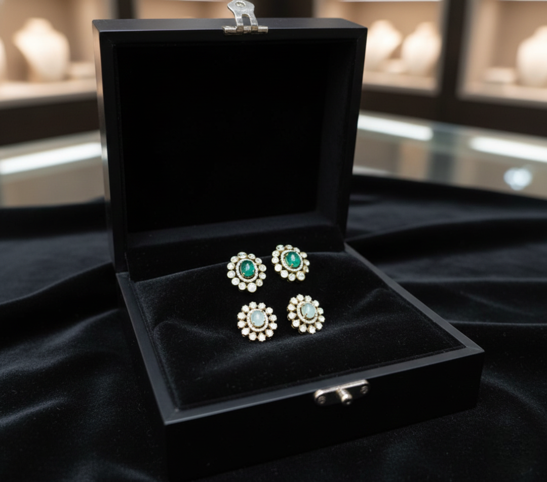 Heritage Polki & Emerald Studs Set