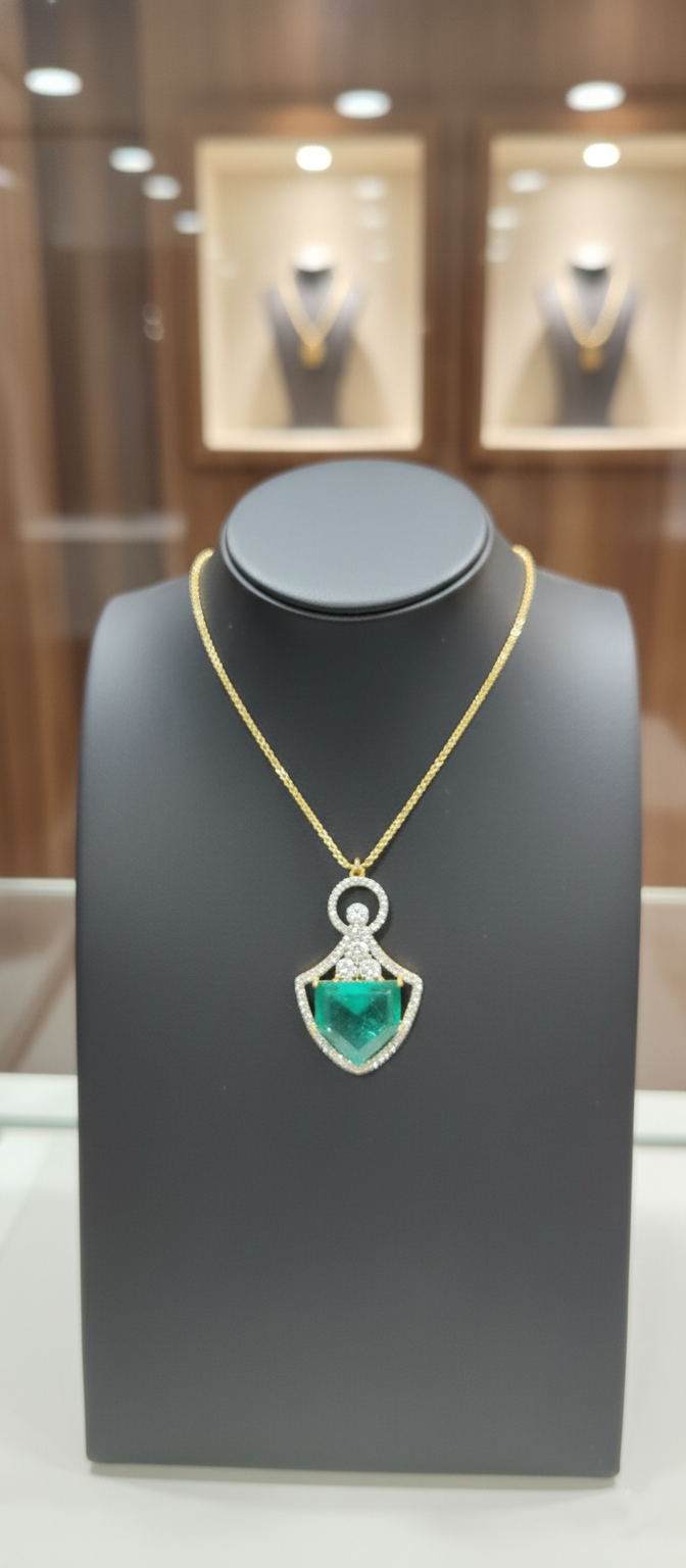 Gold Emerald & Diamond Geometric Shield Pendant
