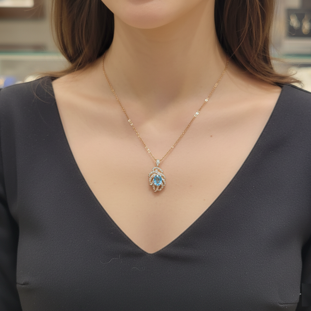 Rose Gold Aquamarine Leaf Pendant