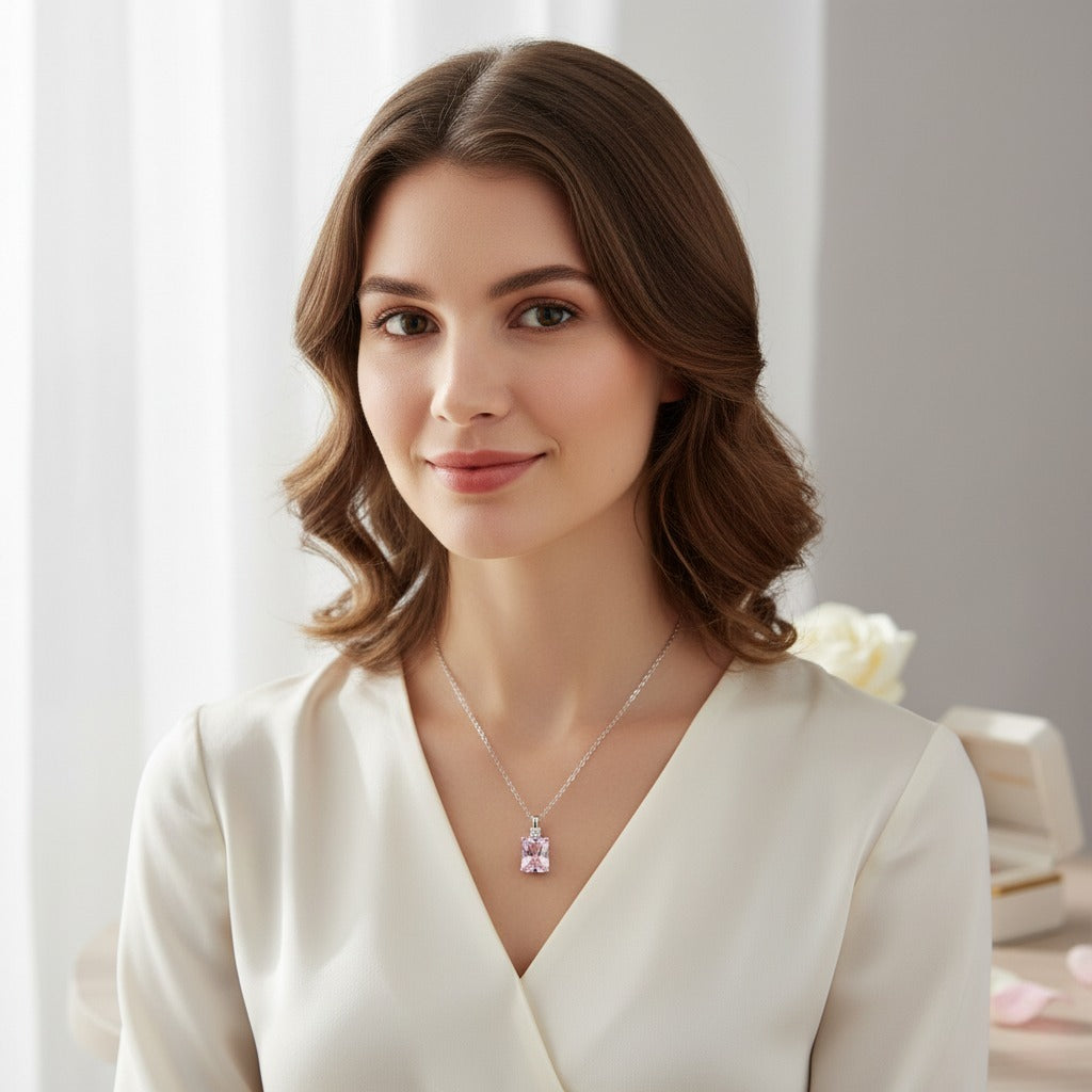 Silver Pink Emerald-Cut Necklace