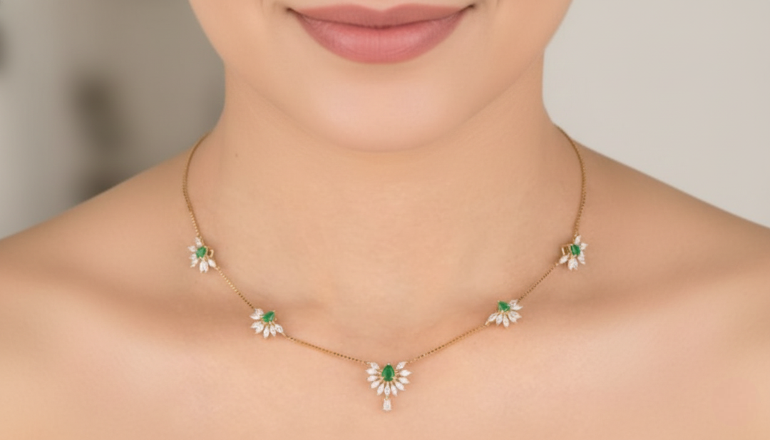 Emerald & Marquise Diamond Sunburst Station Necklace