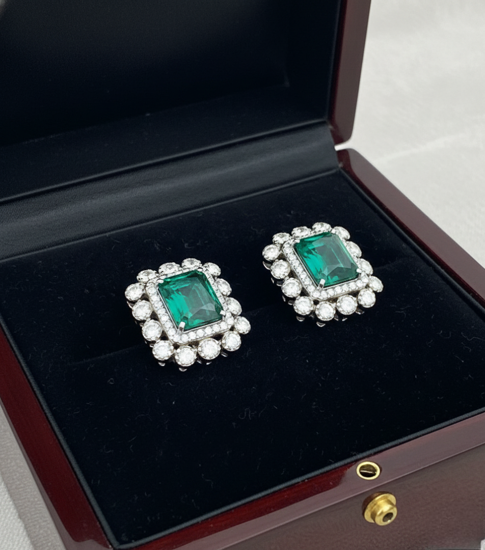 Emerald Cut Green Gemstone Studs