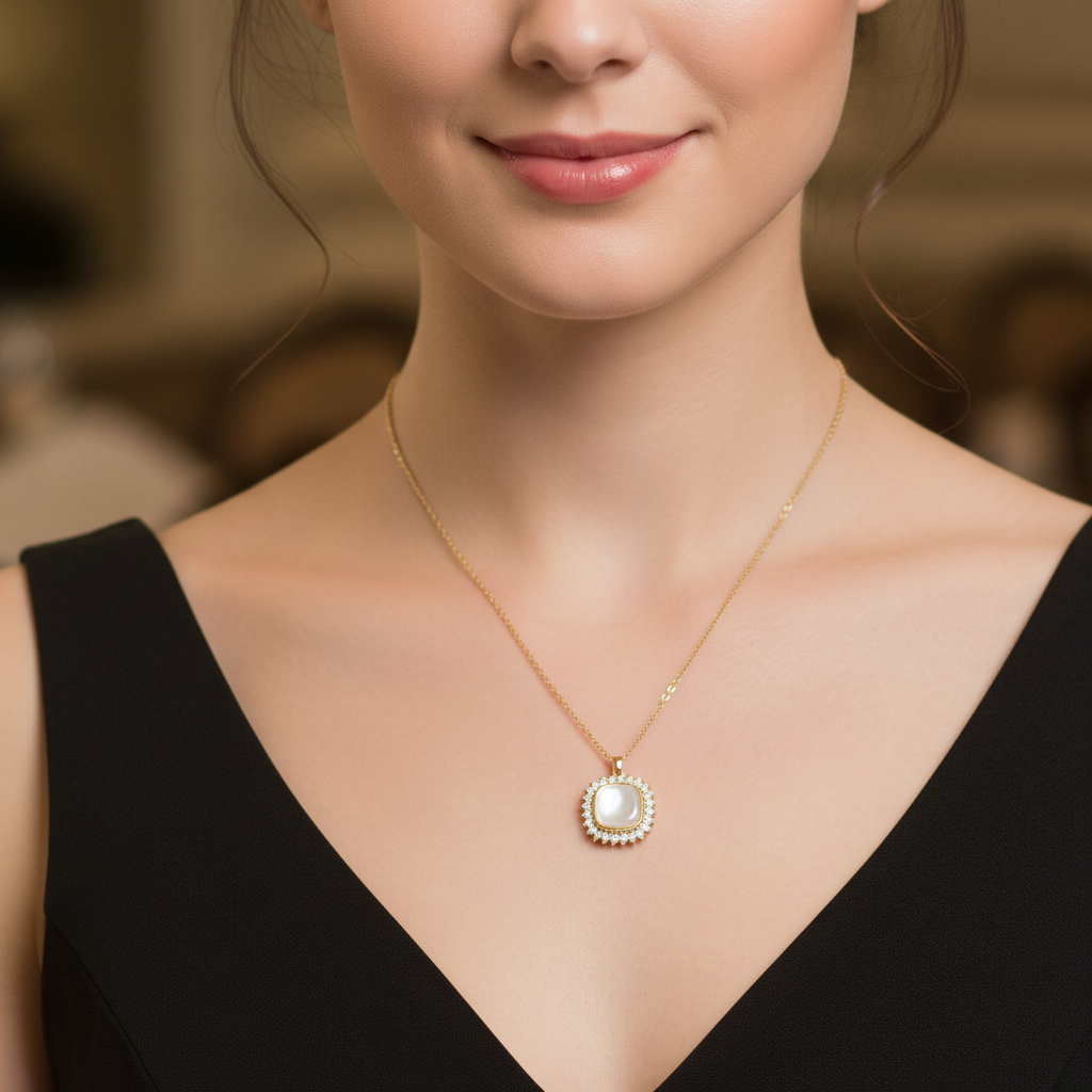 Gold Cushion-Cut Halo Necklace