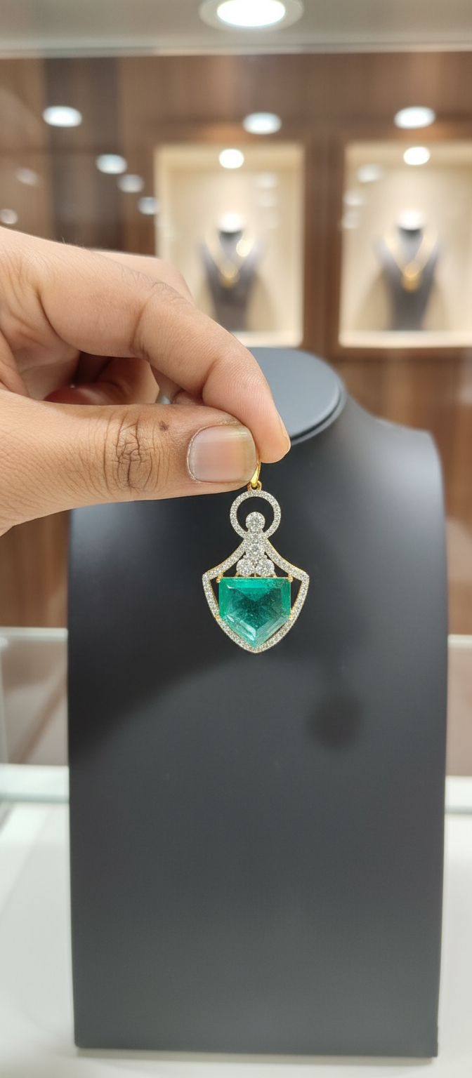 Gold Emerald & Diamond Geometric Shield Pendant