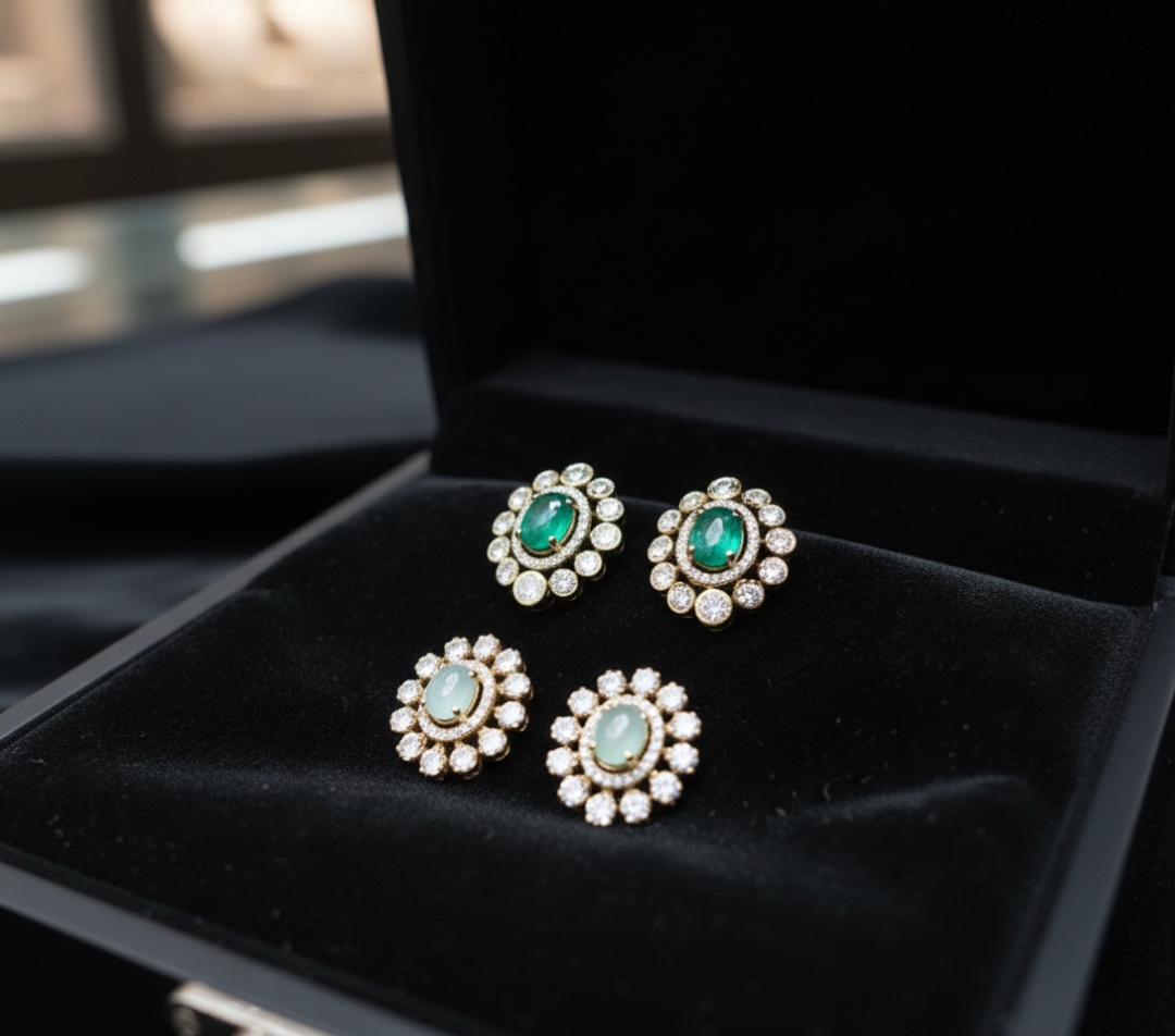 Heritage Polki & Emerald Studs Set