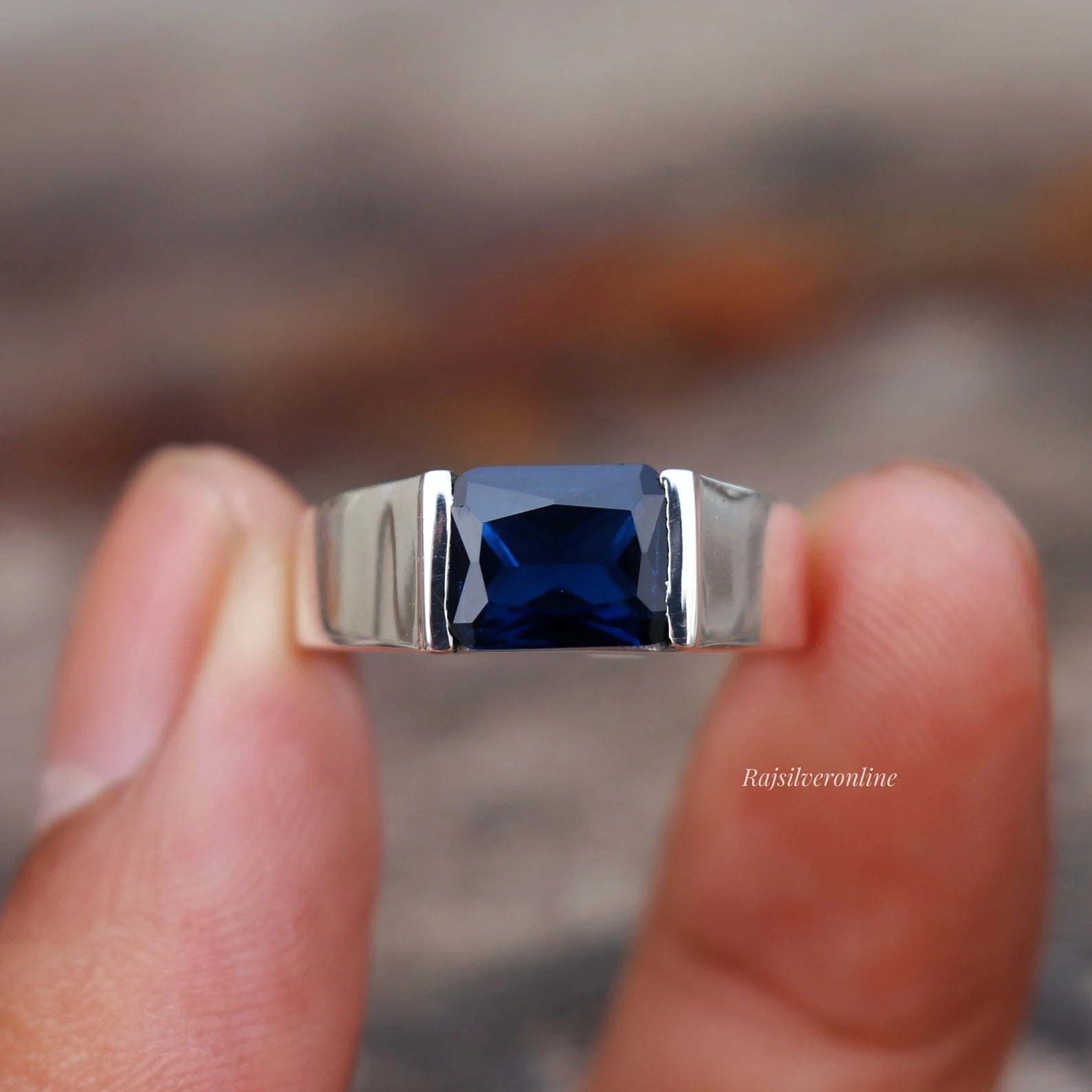 Men’s Deep Blue Sapphire Emerald Cut Ring