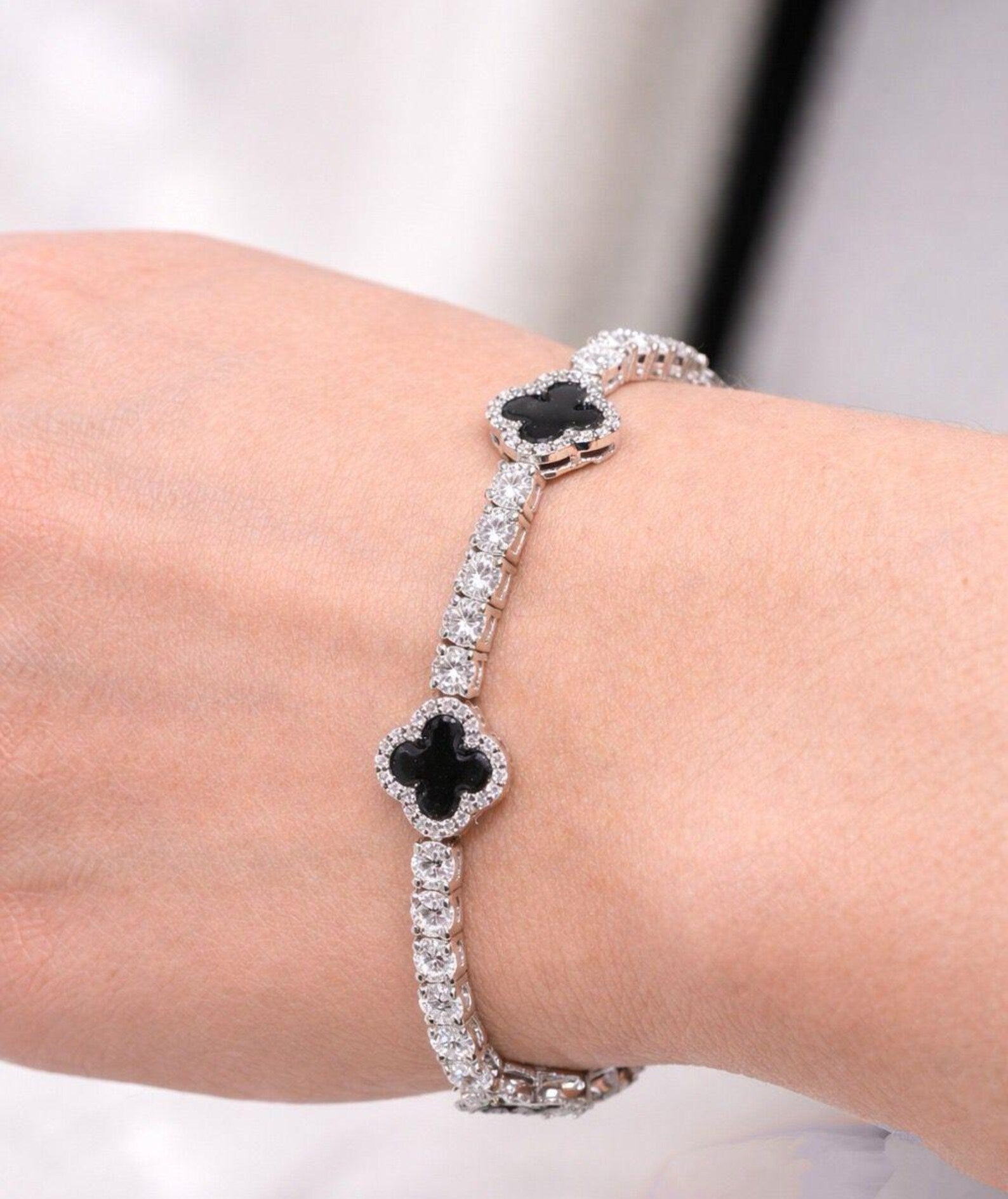 Midnight Clover Onyx Station Bracelet